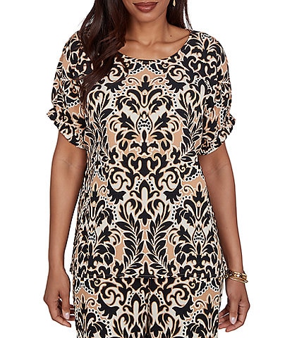 Ruby Rd. Petite Size Coordinating Textured Woven Modern Damask Scoop Neck Short Sleeve Top