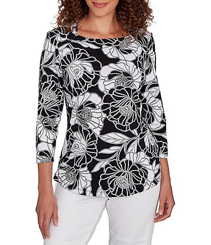 Ruby Rd. Petite Size Cotton Jersey Floral Envelope Neck 3/4 Sleeve Top