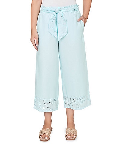 Ruby Rd. Petite Size Cotton Poplin Floral Eyelet Pull-On Coordinating Belted Pants