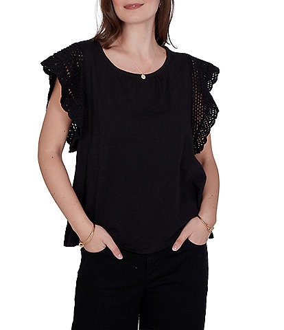 Ruby Rd. Petite Size Cotton Slub Jersey Knit Solid Scoop Neck Crochet Trim Sleeve Top