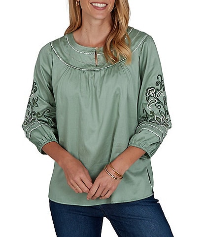 Ruby Rd. Petite Size Cotton Voile Embroidered Round Neck 3/4 Sleeve Top