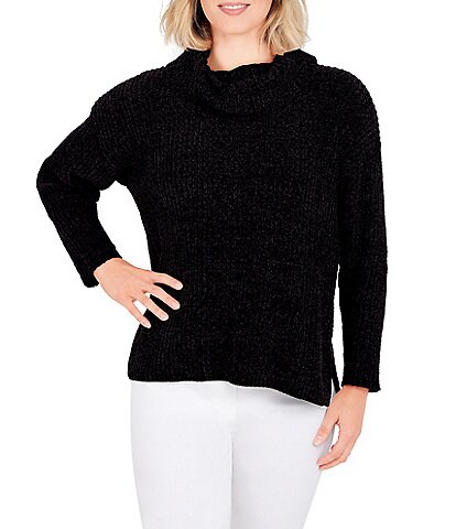 Ruby Rd. Petite Size Cozy Chenille Cowl Neck Long Sleeve Drop Shoulder Side Slit High-Low Sweater