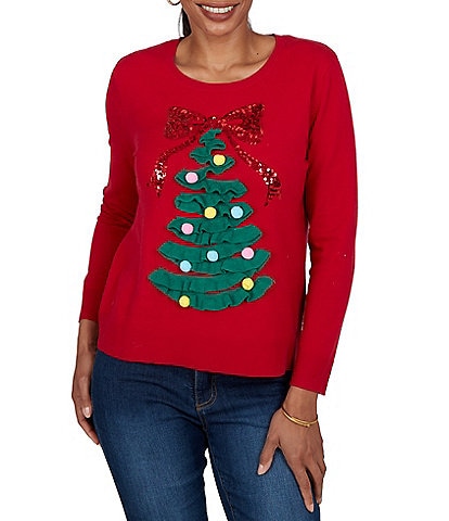 Ruby Rd. Petite Size Cozy Knit Christmas Tree Pom-Pom Ornament Crew Neck Long Sleeve Top
