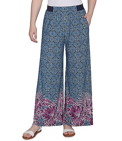 Ruby Rd. Petite Size Crepe Knit Floral Border Print Wide-Leg Pull-On Pants