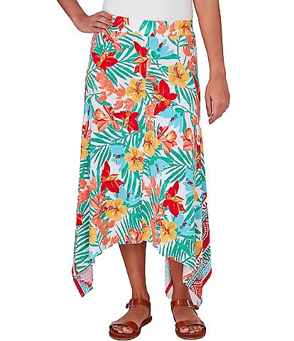Ruby Rd. Petite Size Crepe Knit Tropical Geo Print Elastic Waist Sharkbite Hem Pull-On A-Line Midi Skirt
