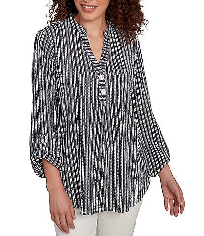 Ruby Rd. Petite Size Crinkle Knit Stripe V-Neck Long Roll-Tab Sleeve Henley Top
