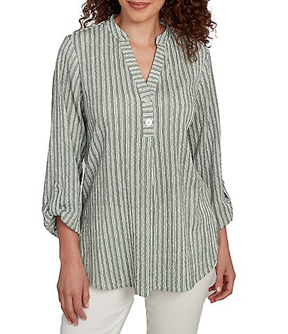 Ruby Rd. Petite Size Crinkle Knit Stripe V-Neck Long Roll-Tab Sleeve Henley Top