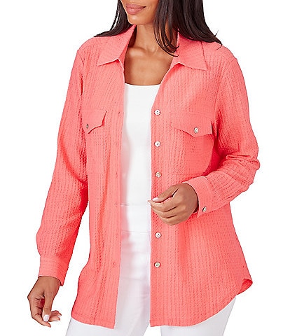 Ruby Rd. Petite Size Crinkle Pucker Point Collar Long Sleeve Flap Pocket Button-Front Shirt Jacket