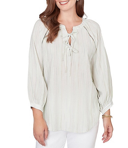 Ruby Rd. Petite Size Crinkle Woven Striped Split V-Neck Tie-Front Peasant Top