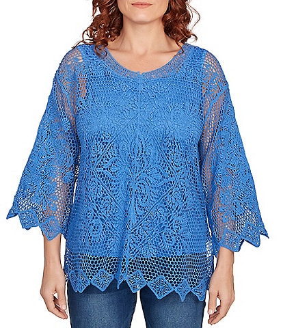 Ruby Rd. Petite Size Crochet Medallion Floral Pattern Scoop Neck 3/4 Wide Flared Sleeve Top