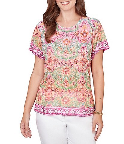 Ruby Rd. Petite Size Damask Floral Scoop Neck Short Sleeve Knit Tee Top