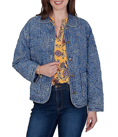 Ruby Rd. Petite Size Denim Floral Stritch Point Collar Long Sleeve Button Front Jacket