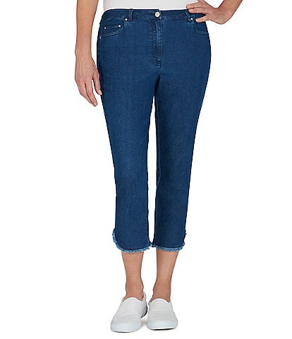 Ruby Rd. Petite Size Denim Functional Fly Front Fray Hem Crop Pants