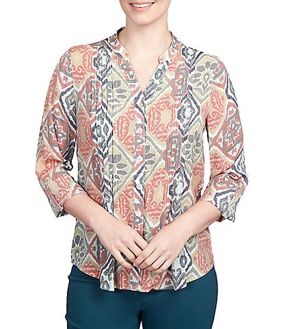 Ruby Rd. Petite Size Diamond Mosaic Print Y-Neck 3/4 Roll-Tab Sleeve Button Front Top