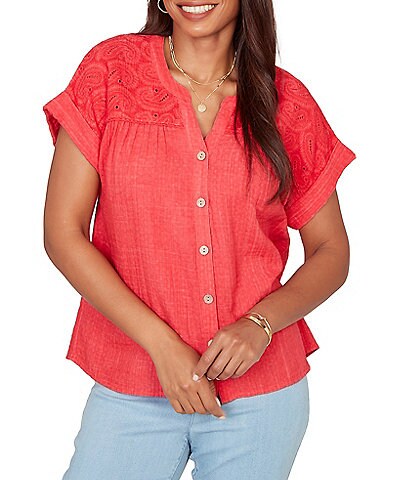 Ruby Rd. Petite Size Double Gauze Woven Paisley Embroidered Button-Front Blouse