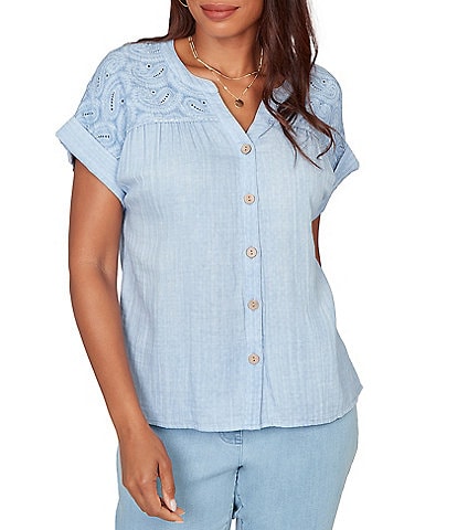 Ruby Rd. Petite Size Double Gauze Woven Paisley Embroidered Button-Front Blouse