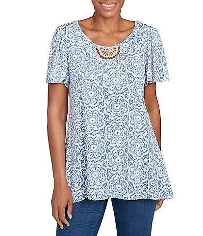 Ruby Rd. Petite Size Embellished Beaded Macrame Scoop Neck Short Sleeve Top