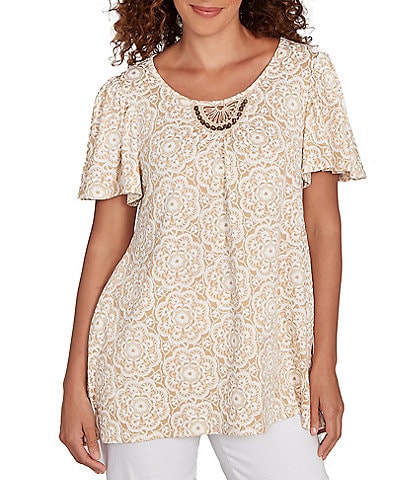 Ruby Rd. Petite Size Embellished Beaded Macrame Scoop Neck Short Sleeve Top