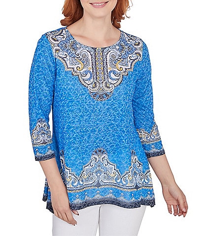 Ruby Rd. Petite Size Embellished Detail Marrakech Border Print Scoop Neck 3/4 Sleeve Top