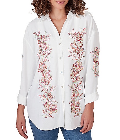 Ruby Rd. Petite Size Embroidered Floral Crepe Point Collar Long Roll-Tab Sleeve Button-Front Shirt