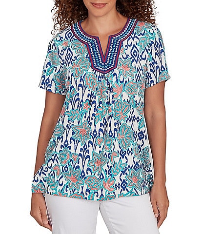 Ruby Rd. Petite Size Embroidered Knit Printed Split V-Neck Short Sleeve Top