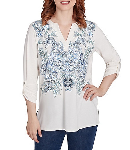 Ruby Rd. Petite Size Embroidered Knit Split V-Neck 3/4 Roll-Tab Sleeve Top