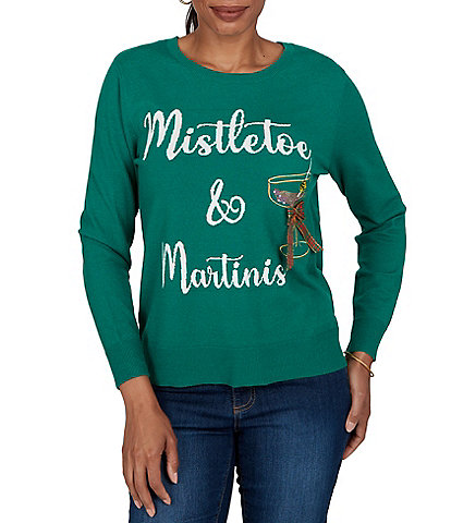 Ruby Rd. Petite Size Embroidered Mistletoe & Martinis Crew Neck Long Sleeve Sweater