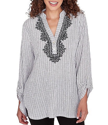 Ruby Rd. Petite Size Embroidered Stripe V-Neck Long Roll-Tab Sleeve Puckered Knit Blouse