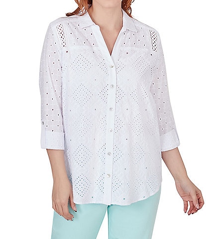 Ruby Rd. Petite Size Eyelet Diamond Woven Point Collar 3/4 Roll-Tab Sleeve Button-Front Shirt