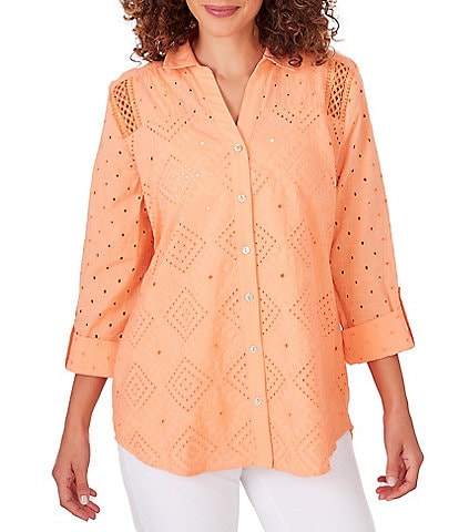 Ruby Rd. Petite Size Eyelet Diamond Woven Point Collar 3/4 Roll-Tab Sleeve Button-Front Shirt