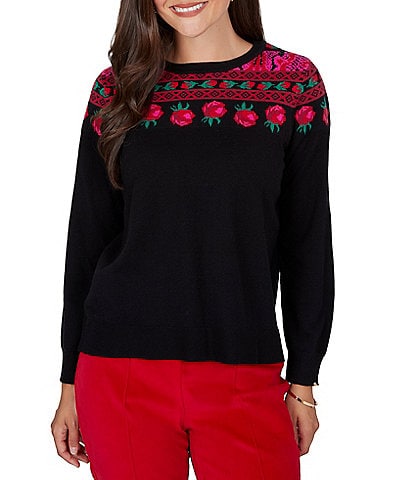 Ruby Rd. Petite Size Fair Isle Rose Crew Neck Long Sleeve Sweater