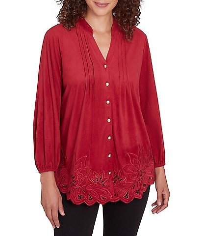 Ruby Rd. Petite Size Faux Suede Embroidered Knit Split V-Neck Bracelet Sleeve Button-Font Top