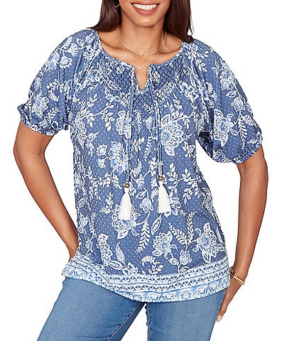 Ruby Rd. Petite Size Floral Border Print Split V-Neck Short Sleeve Tassel Tie Top