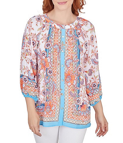 Ruby Rd. Petite Size Floral Border Print Woven Band Round Neckline  3/4 Sleeve Button-Front Top