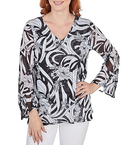 Ruby Rd. Petite Size Floral Mesh Knit V-Neck Long Flounce Sleeve Top