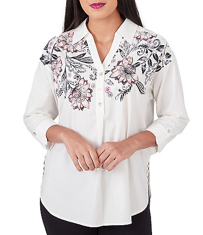 Ruby Rd. Petite Size Floral Placement Print Point Collar Roll-Tab Sleeve Side Button Detail Shirt