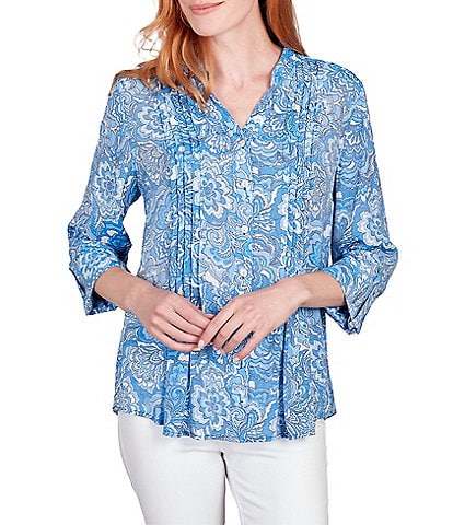 Ruby Rd. Petite Size Floral Print Band Notch V-Neck Roll-Tab Sleeve Pleat Button-Front Blouse