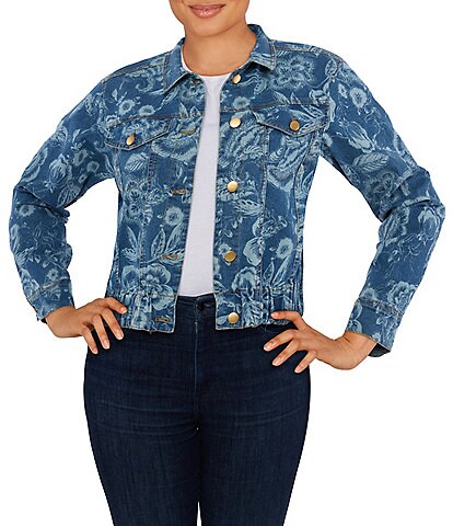 Ruby Rd. Petite Size Floral Print Point Collar Long Sleeve Button Front Denim Jacket