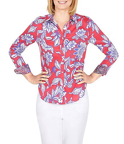 Ruby Rd. Petite Size Floral Print Wrinkle Resistant Point Collar Long Sleeve Button Front Shirt