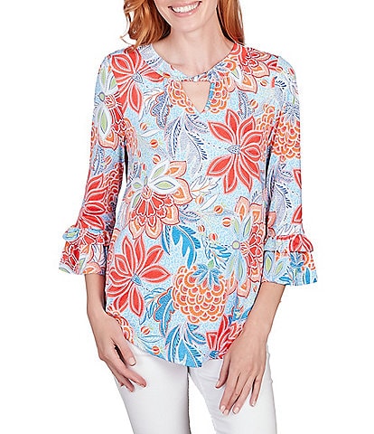 Ruby Rd. Petite Size Floral Puff Print Knit Cut-Out Twist Neckline 3/4 Double Flounce Sleeve Top