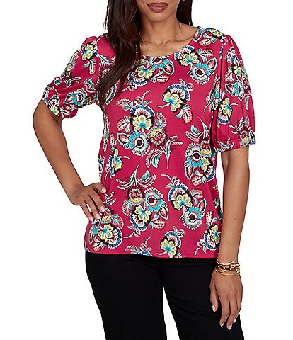 Ruby Rd. Petite Size Floral Scoop Neck Short Sleeve Top