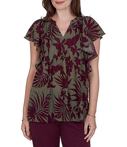 Ruby Rd. Petite Size Gauze Stone Multi V-Neck Short Flutter Sleeve Top