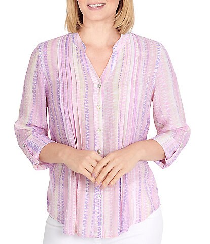 Ruby Rd. Petite Size Geo Striped Print Banded Notch Collar 3/4 Roll-Tab Sleeve Pintuck Detail Top