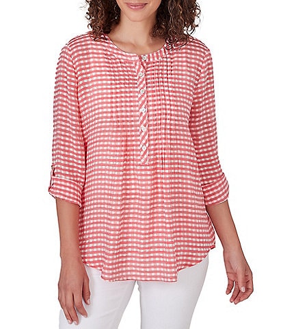 Ruby Rd. Petite Size Gingham Print Woven Round Band Collar 3/4 Roll-Tab Sleeve Blouse
