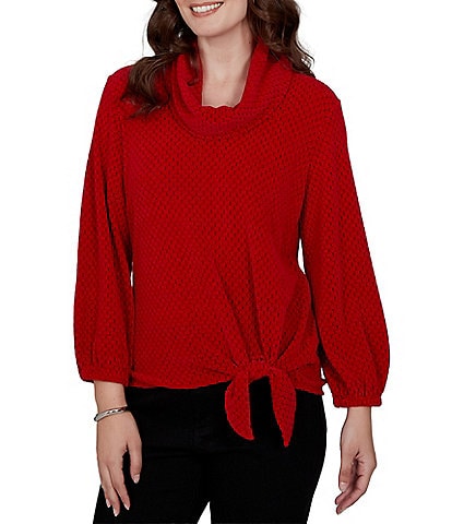Ruby Rd. Petite Size Honeycomb Chenille Knit Cowl Neck 3/4 Sleeve Side Tie Top