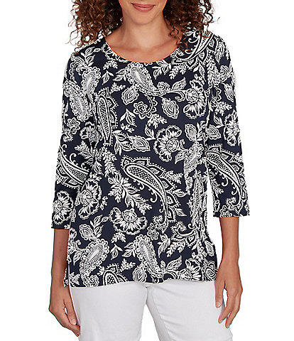Ruby Rd. Petite Size Jacobean Print Scoop Neck 3/4 Sleeve Top