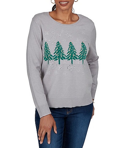 Ruby Rd. Petite Size Jacquard Knit Christmas Tree Scoop Neck Long Sleeve Top