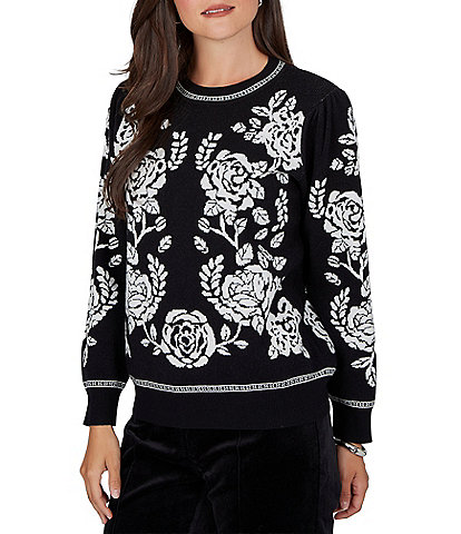 Ruby Rd. Petite Size Jacquard Knit Ivory Rose Crew Neck Long Sleeve Sweater