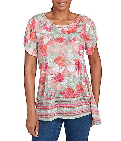 Ruby Rd. Petite Size Jersey Knit Floral Stripe Border Print Round Neck Short Sleeve Sharkbite Hem Top
