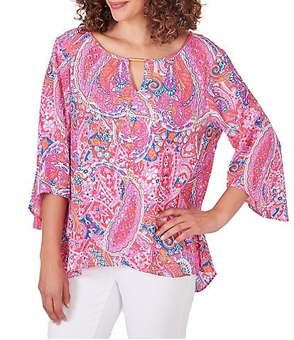 Ruby Rd. Petite Size Keyhole Bar Neck 3/4 Sleeve Bright Blooms Print Top